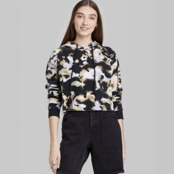 Wild Fable Black Tie Dye Fleece Hoodie Crop Cropped Multiple Sizes - Picture 2 of 3